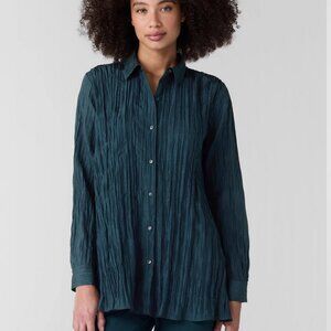 Eileen Fisher  Crushed Silk Classic Collar Shirt Alpine Blue Size Small PS
